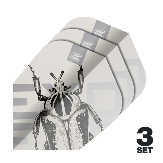 Vols Target Pro Ultra Exo 2.0 Ten-X - 3 jeux Das Bild zeigt drei Sätze Target Pro Ultra Exo 2.0 Ten-X Flights für Darts. Auf den Flights ist eine schwarz-weiße Zeichnung eines Insekts abgebildet.