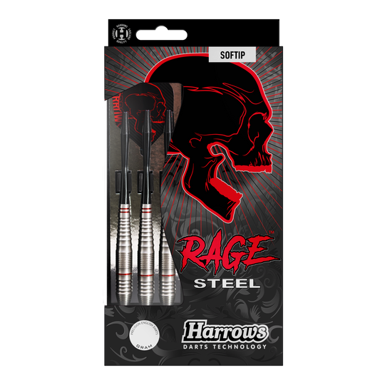 Fléchettes souples Harrows Rage Das Bild zeigt eine Packung Harrows Rage Softdarts mit drei silbernen Darts. Auf der Verpackung ist ein roter Totenkopf und der Schriftzug "Rage" auffällig zu sehen.