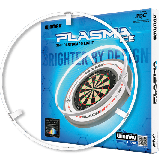 Das Bild zeigt das Produkt "Winmau Plasma Ice LED Beleuchtung und Surround Bundle". Auf der Verpackung ist ein beleuchteter Dartboard-Ring mit dazugehörigem Dartboard abgebildet.