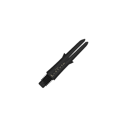 Arbres en carbone de style L Das Bild zeigt einen schwarzen Dart-Schaft aus Carbon mit der Aufschrift "L-style". Der Schaft ist ohne Kappen und hat ein Gewinde am unteren Ende.