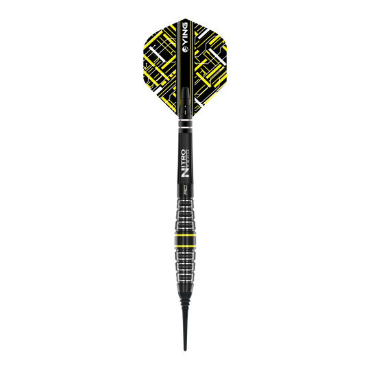 Fléchettes souples Red Dragon Astraeus Q4X Torpedo - 20 g Das Bild zeigt den Red Dragon Astraeus Q4X Torpedo Softdart mit einem Gewicht von 20g. Der Dart hat ein modernes Design mit schwarzen und gelben Akzenten.
