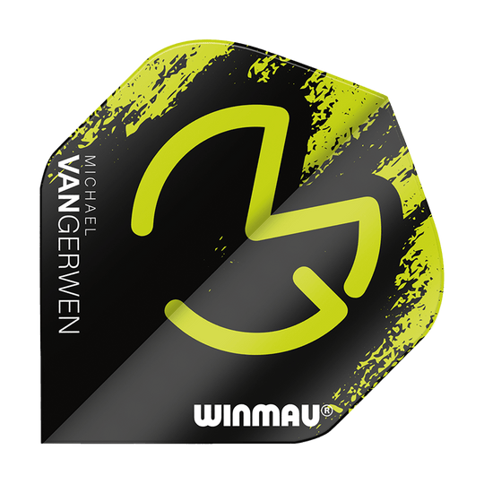 Das Bild zeigt das Produkt "Winmau Mega MvG Green Black Standard Flights". Es ist überwiegend schwarz mit grünen Akzenten und trägt den Namen "Michael van Gerwen" sowie das Winmau-Logo.