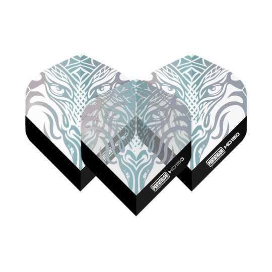 Vols standard transparents métalliques Pentathlon HD150 Das Bild zeigt die Pentathlon HD150 Metallic Clear Standard Flights mit einem stilisierten, tierischen Gesichtsmuster. Die Flights sind größtenteils durchsichtig mit silbernen und metallischen Akzenten sowie schwarzem Rand unten.