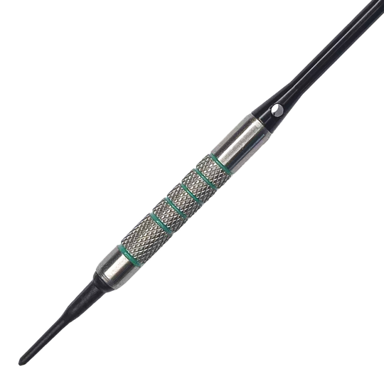 Fléchettes souples McDart 85 Tungstène V7 - 16,5 g Das Bild zeigt einen McDart 85er Tungsten V7 Softdart mit einem Gewicht von 16,5g. Der Dart hat eine strukturierte silberne Griffzone mit grünen Akzenten und einer schwarzen Kunststoffspitze.