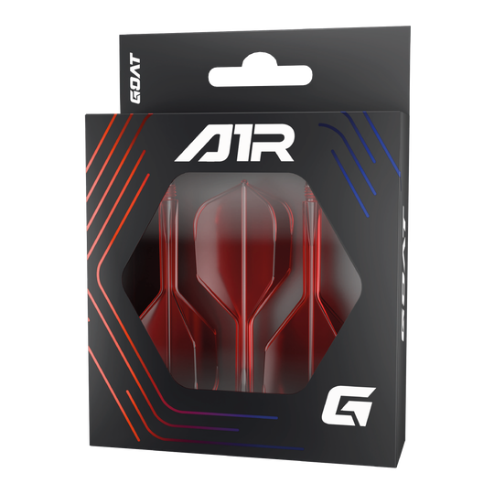 Système d'arbre de vol GOAT A1R n° 6 - Rouge Die Abbildung zeigt das Produkt "GOAT A1R No6 Flight-Shaft-System – Rot" in seiner Verpackung. Im Sichtfenster der Schachtel sind drei rote Dart-Flights und -Schäfte zu sehen.