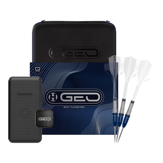 Zu sehen ist das Produkt Harrows GEO Bomb Quick Point Steeldarts. Diese Darts zeichnen sich durch ihre hochwertige Verarbeitung aus.