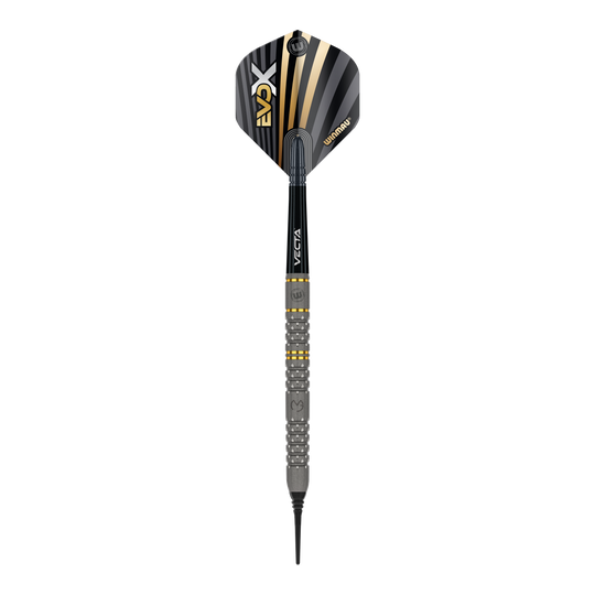 Winmau Michael Van Gerwen Evo-X fléchettes souples - 20g Das Bild zeigt einen Winmau Michael Van Gerwen Evo-X Softdart mit einem Gewicht von 20g. Der Dart hat ein modernes Design mit schwarz-goldenen Akzenten und einer strukturierten Griffzone.