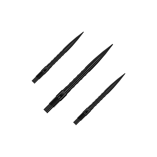 Zu sehen ist QP33164 Harrows Quick Point HeavyMetalGrip Dartspitzen Schwarz 26mm 1Set. Es handelt sich um schwarze Ersatz-Dartspitzen mit speziellem Grip.
