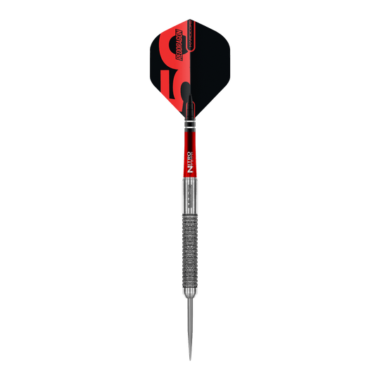 Fléchettes en acier Element 6 B de la collection Red Dragon 50 ans - 24 g Red Dragon 50 Year Collection Element 6 B Steeldarts - 24g in Nahaufnahme. Das Bild zeigt das Design und die Details des Steeldarts.