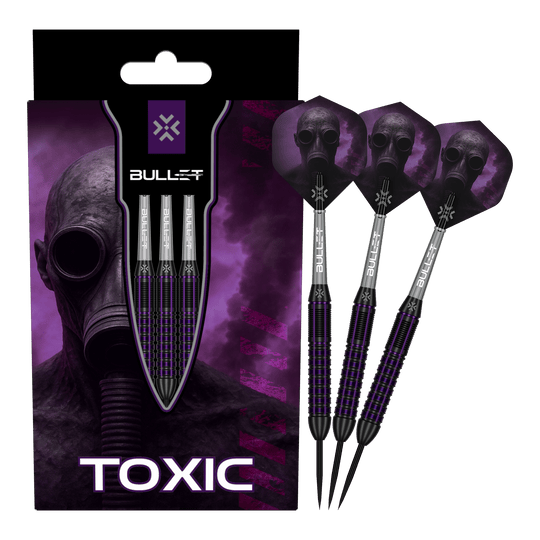 Fléchettes Bullet Toxic en laiton et acier - 23 g Abgebildet ist das Produkt Bullet Toxic Brass Steeldarts - 23g. Es handelt sich um einen Steeldart-Pfeil aus Messing.