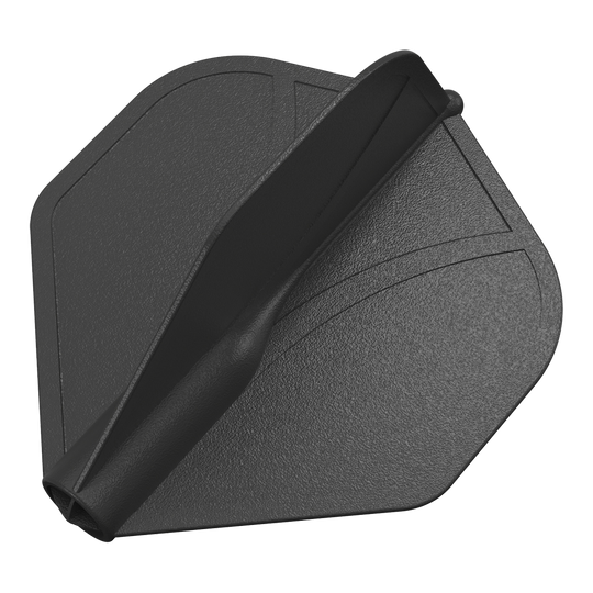 Profil aérodynamique moulé n°2 Vols standard Das Bild zeigt eine schwarze, geformte Dart-Flügel aus Kunststoff. Die Oberfläche ist leicht strukturiert und hat eingeprägte Linien.