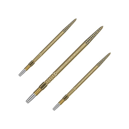 Pointes de fléchettes Target Swiss Point DX - or Das Bild zeigt drei goldene Dartspitzen mit feiner Gravur. Sie sind in einer Reihe nebeneinander angeordnet und haben silberne Endstücke.