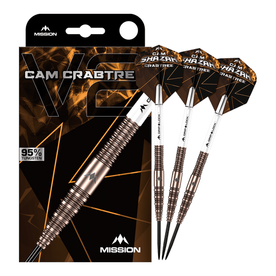 Das Bild zeigt die Mission Cam Crabtree V2 Steeldarts in voller Ansicht. Es handelt sich um ein Set von Steeldarts, präsentiert von vorne.