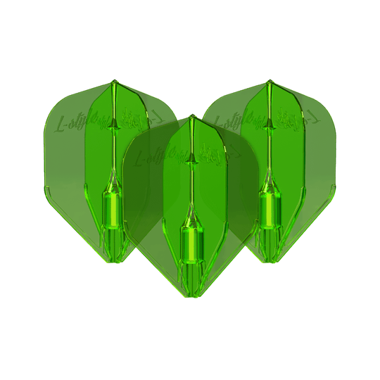 Ailettes L-Style Fantom L3EZ Vert Das Bild zeigt drei grüne L-Style Fantom L3EZ Flights für Dartpfeile. Die Flights sind durchsichtig und haben eine glänzende Oberfläche.