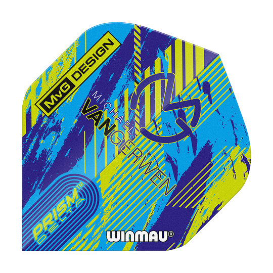 Winmau Delta Michael Van Gerwen Prism 04 Vols standard Das Bild zeigt ein buntes Dartflight mit dem Namen "Winmau Delta Michael Van Gerwen Prism 04 Standard Flights". Auf dem Flight sind verschiedene Schriftzüge und ein modernes Design in Blau, Gelb und Lila zu sehen.