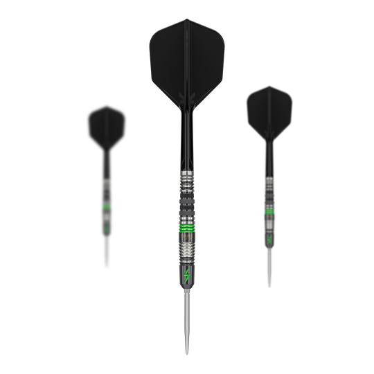 Fléchettes en acier Target Japan Black Marque Lightning 3 SP Das Bild zeigt drei Target Japan Black Marque Lightning 3 SP Steeldarts mit schwarzem Flight und silber-grünem Barrel. Die Darts sind modern gestaltet und besitzen eine schlanke, spitze Spitze.