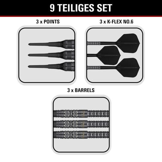 Produktbild der Target Black Marque Creed Softdarts mit einem Gewicht von 21,5g. Die Darts sind auf hellem Hintergrund abgebildet.