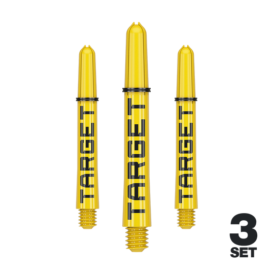 Tiges Target Pro Grip TAG - 3 jeux - Jaune Das Bild zeigt drei gelbe Dart-Schäfte mit der Aufschrift "TARGET". Unten rechts steht "3 SET", was auf ein Set mit drei Stück hinweist.