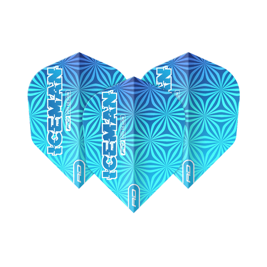 Red Dragon Gerwyn Price Iceman Blue No6 Vols Das Bild zeigt drei blaue Dart-Flights mit geometrischem Muster und der Aufschrift "ICEMAN". Die Flights tragen das Logo "Red Dragon" und sind das Modell "Gerwyn Price Iceman Blue No6".