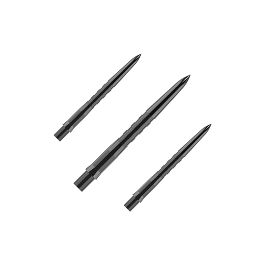 Embouts de fléchettes Mission Caliburn EVO - Rainurés - Noirs Das Bild zeigt drei schwarze, gerillte Steeldartspitzen, die parallel zueinander liegen. Die Spitzen sind spitz zulaufend und haben eine glänzende Oberfläche.