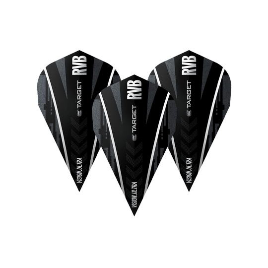 TG58_331780_Target_Ultra_Ghost_RvB_Vapor_Flights_1QEU0GMmfyUfNT Das Bild zeigt drei Dart-Flights des Modells "Target Ultra Ghost RvB Vapor Flights". Sie sind schwarz mit weißen und grauen Akzenten sowie dem Schriftzug "RVB" und "TARGET".