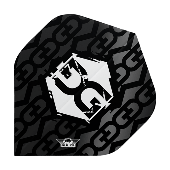 BU50921_Bulls_NL_Player_100_Martijn_Kleermaker_80_No2_Standard_Flights_1 Das Bild zeigt ein schwarzes Dartflight mit einem modernen, grafischen Design und dem Logo "Bulls" unten. In der Mitte befindet sich ein auffälliges, weißes Symbol mit stilisierten Buchstaben.