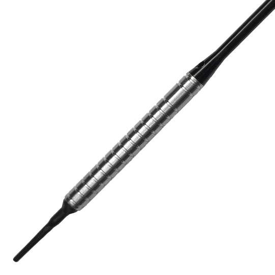 Fléchettes souples McDart 85 tungstène V24 - 18,5 g Das Bild zeigt einen McDart 85er Tungsten V24 Softdart mit einem Gewicht von 18,5 g. Der Dartpfeil hat eine silberne, geriffelte Barre und schwarze Kunststoffspitzen.