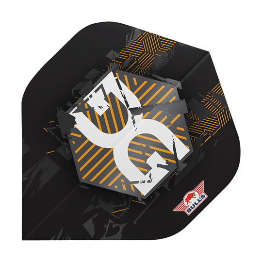 BU50920_BullsNL_Player_100_Martijn_Kleermaker_90_No2_Standard_Flights_1 Das Bild zeigt ein Dart-Flight mit einem modernen, schwarzen Design und gelben sowie weißen Akzenten. In der Ecke ist das rote Bulls-Logo zu sehen.