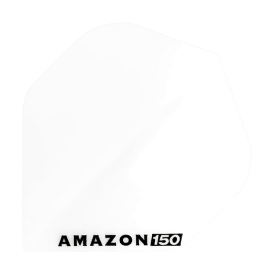 Vols Amazon 150 - Blanc Das Bild zeigt ein weißes Dartflight mit der Aufschrift "AMAZON 150" in schwarzer Farbe. Das Flight hat eine klassische, schlichte Form und ist komplett einfarbig.
