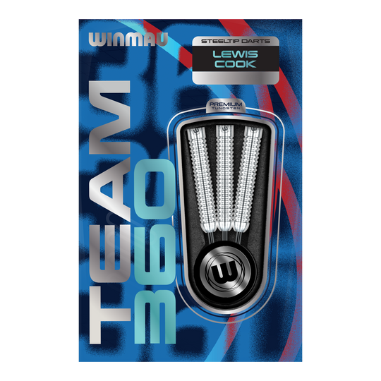 Fléchettes en acier Winmau Team 360 Lewis Cook - 23 g Das Bild zeigt Winmau Team 360 Lewis Cook Steeldarts mit einem Gewicht von 23g. Die Steeldarts sind detailliert von der Seite abgebildet.
