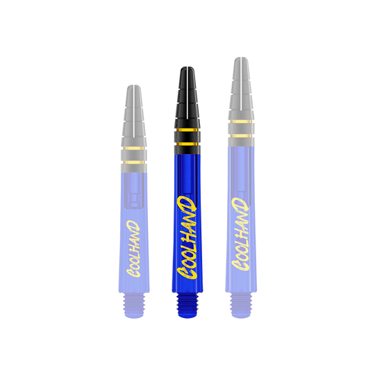 Tiges Red Dragon Nitrotech Luke Humphries Coolhand - Bleues Auf dem Bild sind drei blaue Dart-Schäfte mit der gelben Aufschrift "COOLHAND" zu sehen. Die Schäfte haben schwarze und goldene Akzente am oberen Ende.