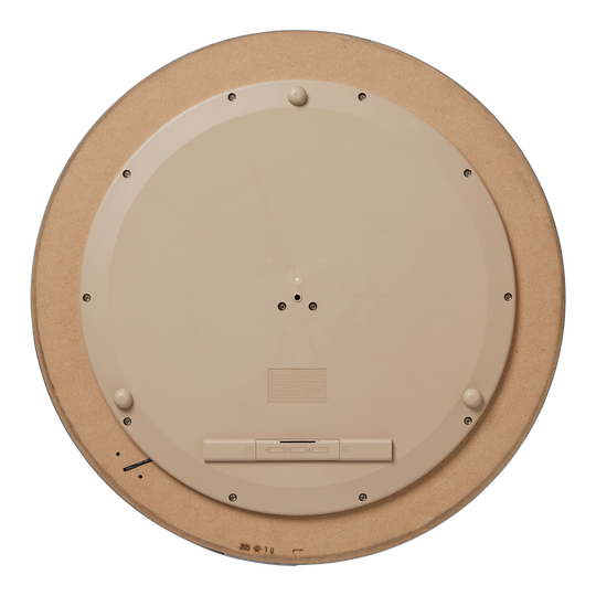Cible de fléchettes en acier Unicorn Eclipse Smartboard Dies ist die Rückseite des Unicorn Eclipse Smartboard Steeldartboards. Sie zeigt eine kreisförmige, beige Kunststoffabdeckung mit mehreren Schrauben und einem Batteriefach.