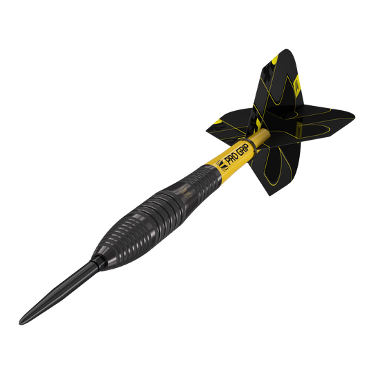 Fléchettes en acier Target Bolide Void 05 Swiss Point Das Bild zeigt einen Target Bolide Void 05 Swiss Point Steeldart. Der Dart ist schwarz mit gelben Akzenten und hat einen gerillten Griff sowie gelbe "Pro Grip"-Schriftzüge.