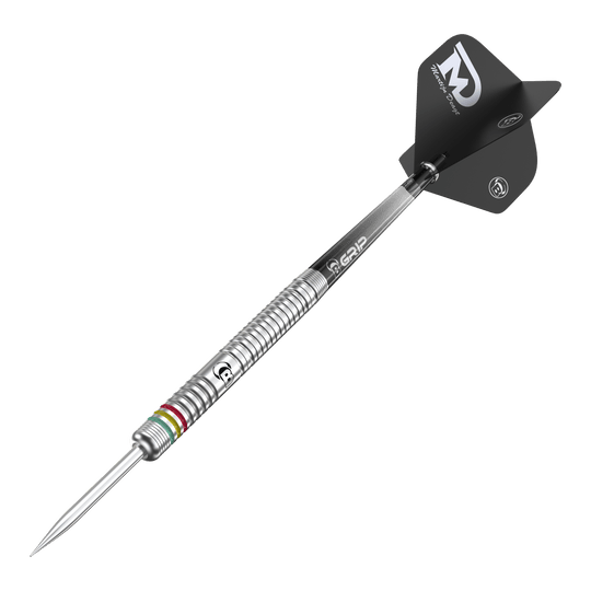Fléchettes en acier Bulls Martijn Dragt - 24 g Auf dem Bild ist ein Bulls Martijn Dragt Steeldart mit einem Gewicht von 24g zu sehen. Der Dartpfeil hat einen silbernen, gerillten Schaft und schwarze Flights mit weißer Aufschrift.