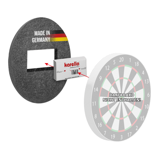 Insonorisation compacte Karella pour cibles de fléchettes en acier Kompakter Schallschutz Karella für Steeldartboards ist auf dem Bild zu sehen. Es handelt sich um einen schalldämpfenden Schutz für Steeldartboards.