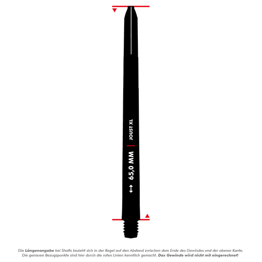 C816_Red_Dragon_Joust_XL_Shafts_5_65mmonCMClVnTlF6n Das Bild zeigt einen weißen Red Dragon Joust XL Shaft mit einer Länge von 65 mm. Die Messpunkte sind durch rote Linien am oberen und unteren Ende markiert.