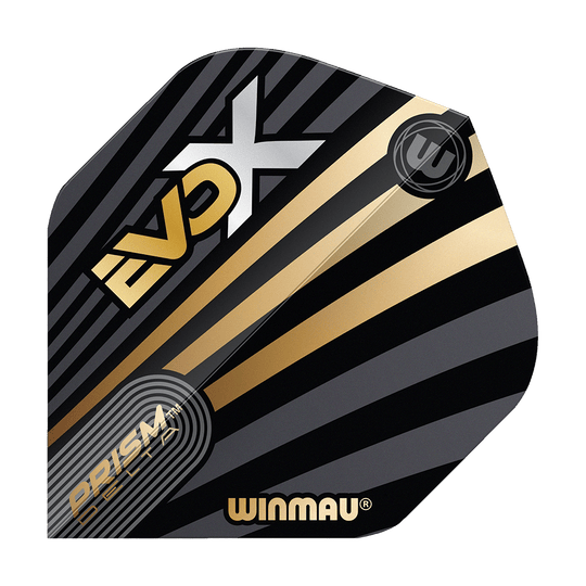 Vols standard Winmau Prism Delta MvG Evo-X n° 2 Das Bild zeigt ein Winmau Prism Delta MvG Evo-X No2 Standard Flight. Das Flight ist schwarz mit goldenen und grauen Streifen sowie dem Schriftzug "EVO-X" und "WINMAU".