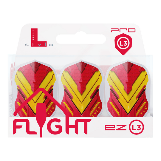 Vols L-Style V-Series V1 Type A Espagne Blanc Transparent L3EZ Das Bild zeigt eine Packung mit drei Dart-Flights der Marke L-Style in den Farben Rot und Gelb. Auf der Verpackung steht „FLIGHT ez L3“ und oben rechts ist das Pro L3-Logo zu sehen.