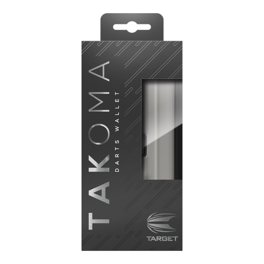 Target Takoma Dartwallet Auf dem Bild ist eine Verpackung für ein Dartwallet der Marke Target zu sehen. Die Verpackung ist schwarz-grau mit der Aufschrift "Takoma Darts Wallet".