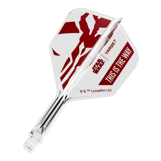 Coffret Target Star Wars K-Flex Mandalorian No6 Flights Das Bild zeigt ein Star Wars Motiv mit der Aufschrift 'This Is The Way'. Es handelt sich um einen No6 Dart-Flügel in 19 mm Größe.