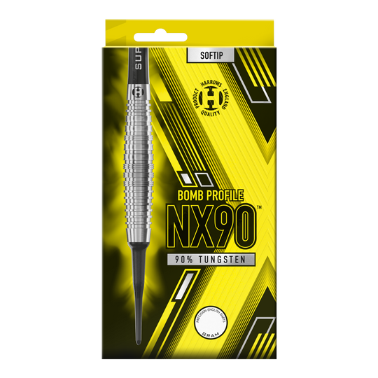 Fléchettes souples Harrows NX90 Bomb Die Verpackung zeigt die "Harrows NX90 Bomb Softdarts" mit einem auffälligen gelb-schwarzen Design. Auf der Vorderseite steht, dass die Darts aus 90% Tungsten bestehen und eine Bombenform haben.