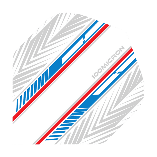 Vols de Pentathlon blanc/bleu/rouge Das Bild zeigt ein Dart-Flight mit einem weißen Hintergrund und blauen sowie roten Linien. Auf dem Flight ist außerdem ein graues Muster und der Schriftzug „100 MICRON“ zu sehen.