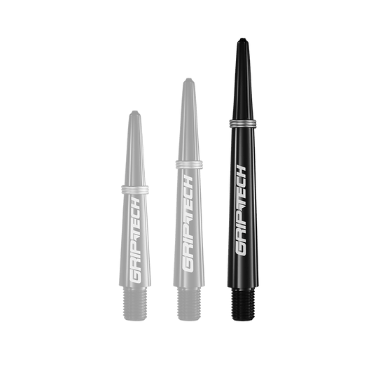 Tiges GOAT Griptech - Noires Auf dem Bild sind drei schwarze Dartschäfte in verschiedenen Längen zu sehen. Auf jedem Schaft steht das weiße Logo "GRIPTECH".