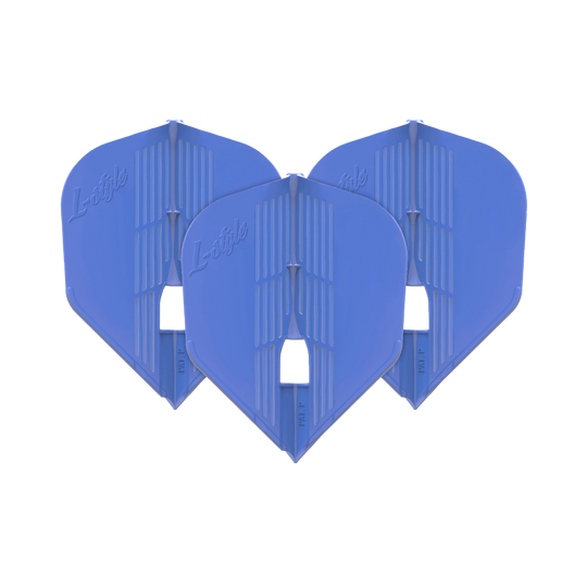 Vols KAMI L3PRO de style L Das Bild zeigt drei blaue Dartflights der Marke L-Style. Sie sind nebeneinander aufgereiht und haben eine moderne, strukturierte Oberfläche.
