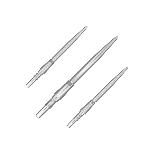Auf dem Bild sind drei silberne Dartspitzen abgebildet. Sie sind aus Metall und haben eine schlanke, geriffelte Form.