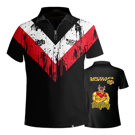 Chemise à fléchettes à rayures blanches Shot Michael Smith Das Bild zeigt das Shot Michael Smith White Stripe Dartshirt mit auffälligem roten und weißen Streifenmuster auf schwarzem Grund. Auf der Rückseite sind der Name "Michael Smith", das Logo "Bully Boy" und eine Zeichnung eines muskulösen Stiers zu sehen.