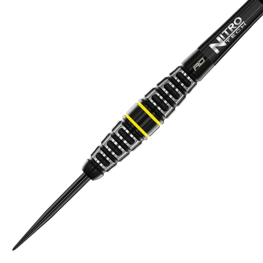 Fléchettes en acier Red Dragon Astraeus Q4X Torpedo Das Bild zeigt den Red Dragon Astraeus Q4X Torpedo Steeldart. Der Dart hat ein schwarzes Design mit silbernen Rillen und gelben Akzenten.