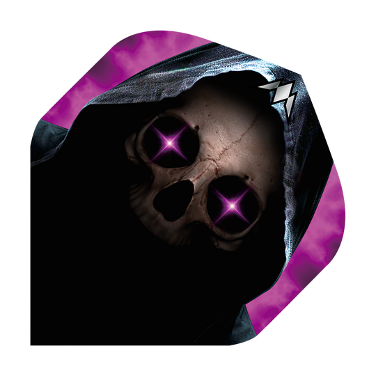 Mission Solo Phantom n°2 Vols standard Das Bild zeigt ein Dartflight mit einem Totenkopf in einer dunklen Kapuze. Die Augen des Schädels leuchten in einem auffälligen Lila mit Sternenform.