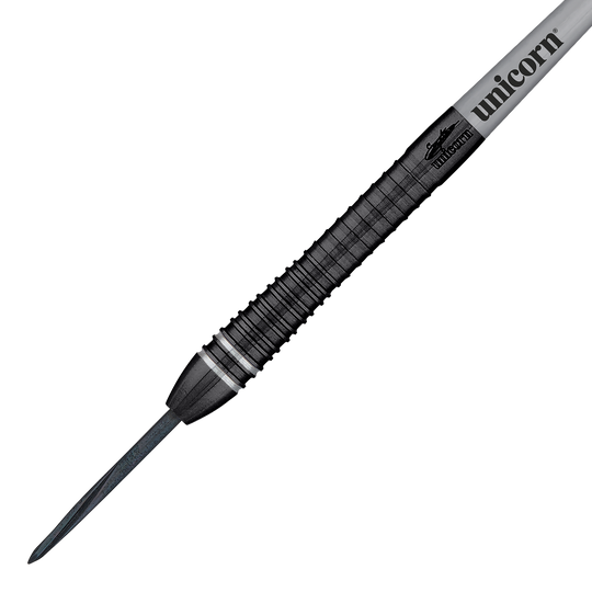 Gary Anderson, champion du monde de la licorne, fléchettes Steeldarts Noir Phase 6 Das Bild zeigt einen Steeldartpfeil aus der Serie "Unicorn World Champion Gary Anderson Noir Phase 6". Der Dartpfeil ist schwarz mit silbernen Akzenten und trägt das "Unicorn"-Logo.