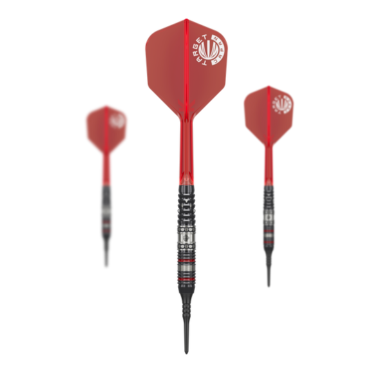 Fléchettes souples Target Japan Prime Series Diamond GEN3 - 18 g Das Bild zeigt drei Softdarts aus der Serie "Target Japan Prime Series Diamond GEN3" mit einem Gewicht von 18g. Die Darts haben rote Flights und schwarze Spitzen.